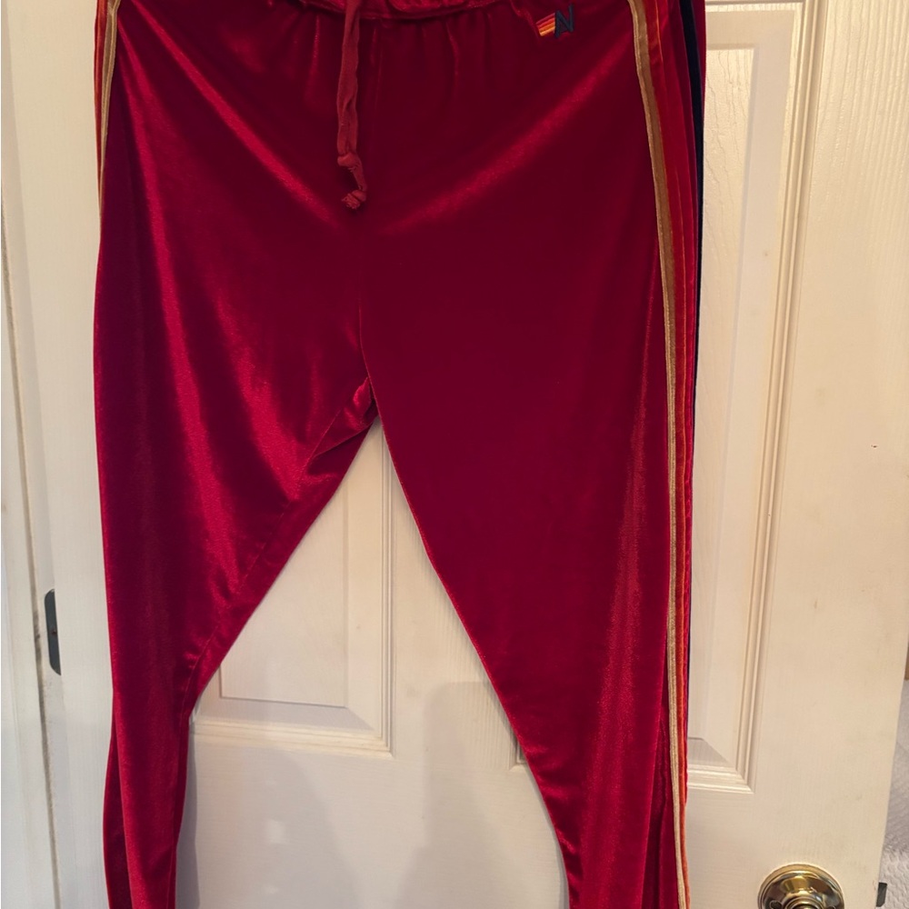 Aviator Nation Red Velour Pants with Rainbow Detail